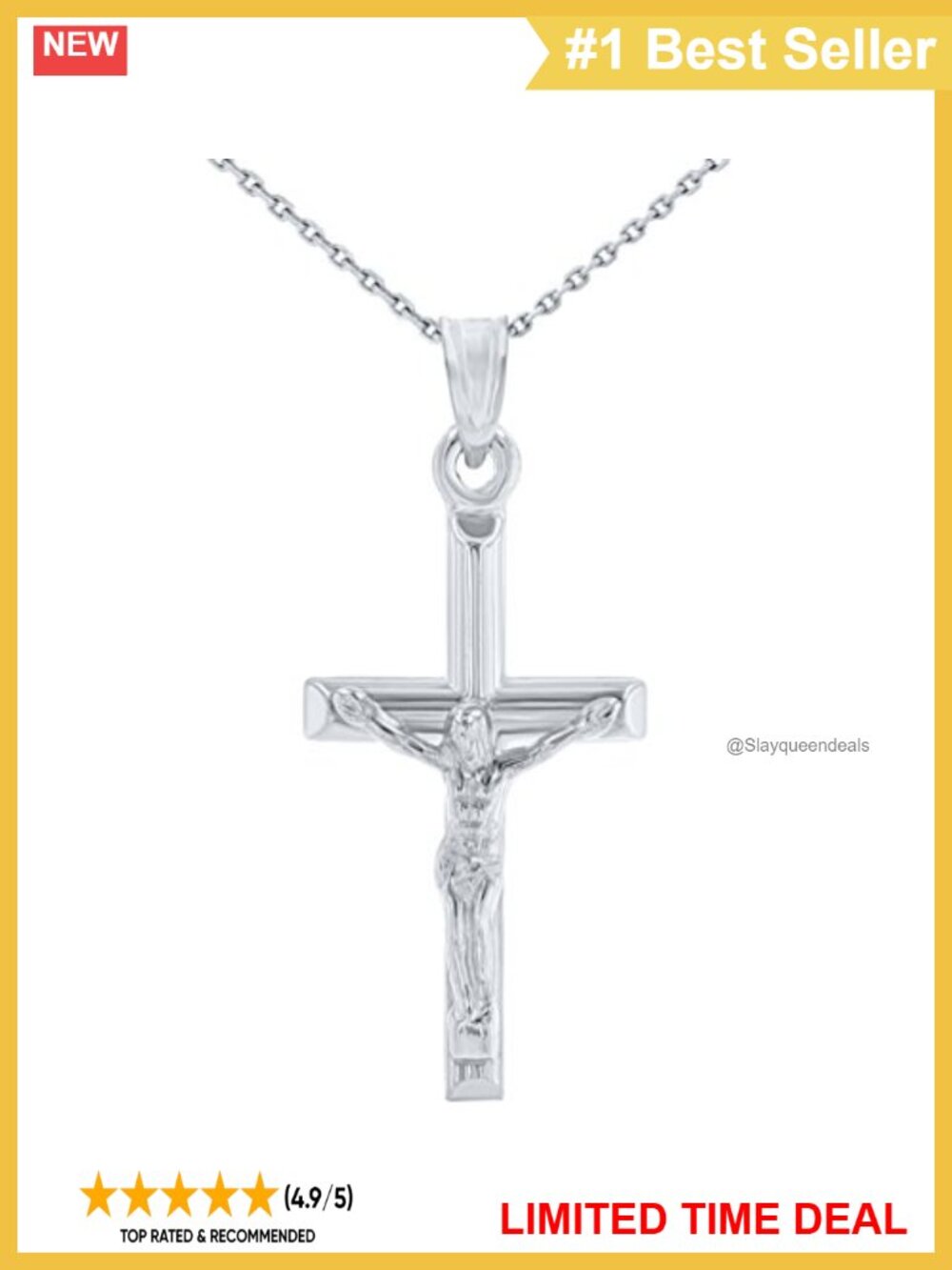 14K White Gold Polished Religious Cross Crucifix Pendant Necklace 16in
